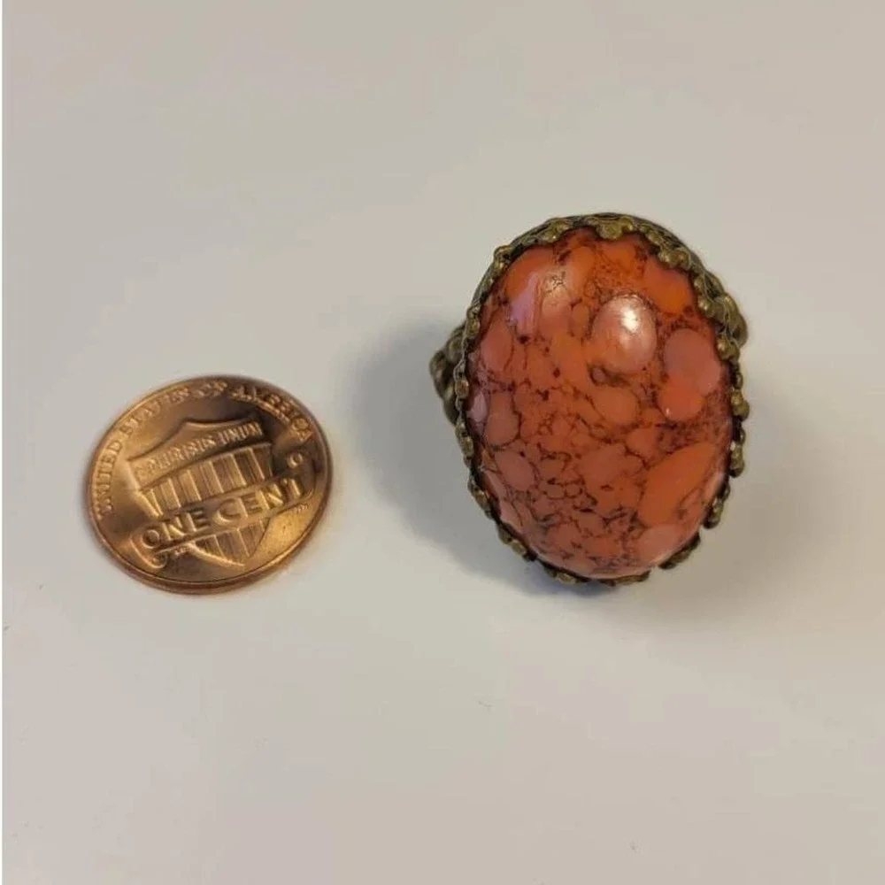 Vintage Boho Oval Huge Unique Coral Stone Ring Antique Brass Setting Adjustable